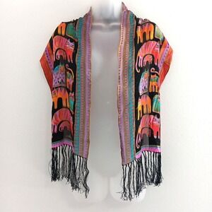 VTG Laurel Burch Scarf Wrap 100% Silk Kitty Cat Whimsy Rectangle Fringe Silk Art